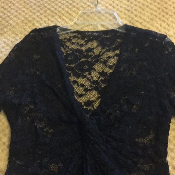 Black V neck, knot front lace long sleeve top - Picture 2 of 5